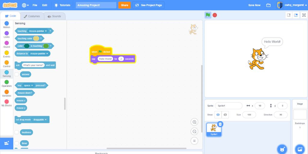 Scratch hello world game interface